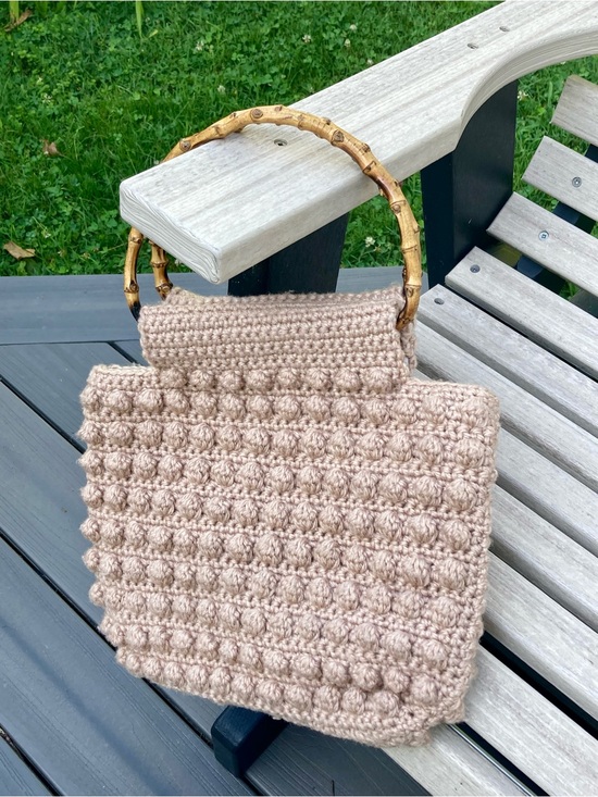 Handmade Handbags - Vintage Handmade Crochet Yarn Purse Handbag with Bamboo Handles